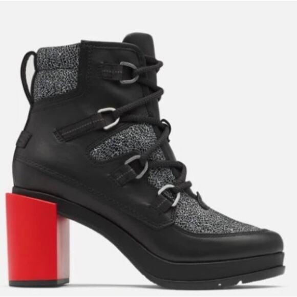 SOREL Blake Lace Shatter Boots Leather Chunky Block Heel Waterproof Black